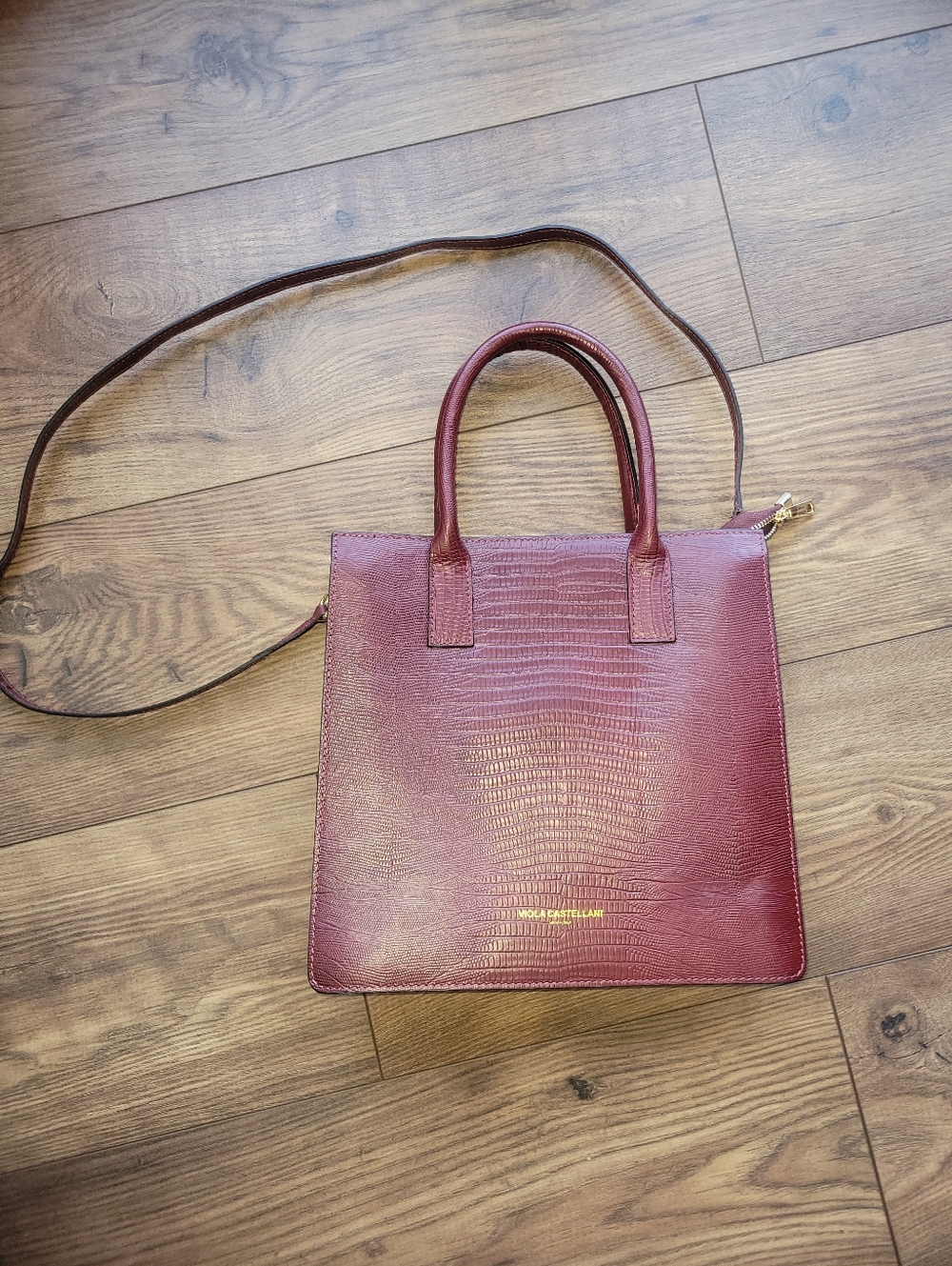 Viola Castellani Milano Handbag Shoulder Bag Maroon Leather Lizard Print ITALY